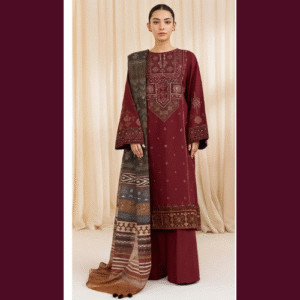 sapphire premium dhanak fully embroidered in mahroon